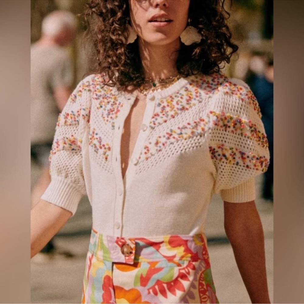 NEW Sezane Joyce Short Sleeve Jumper Sweater Merino Wool Multi Color Ecru | sz M